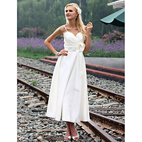 A-line Spaghetti Straps Tea-length Satin Wedding Dress