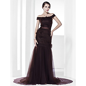 Trumpet/ Mermaid Off-the-shoulder Court Train Satin Evening Dress