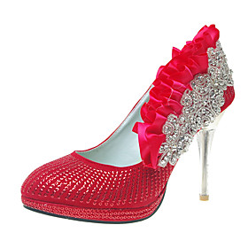 Category: Women's Shoes Shoes Style: Pumps, Closed Toe Upper Materials: Leatherette Lining Materials: Leatherette Embellishment: Rhinestone, Beading, Sequin, Ruffles Heel Type: Stiletto Heel Heel Height: 3 quot;-3 3/4 quot; European Size: 34, 35, 36, 37, 38, 39 Select Color: Red Occasion: Wedding, Party amp; Evening, Special Occasion Season: Spring, Summer, Fall Net weight: 0.78 kg Shipping Weight: 1.2 kg Tips: Special Gifts:Extra Four Rhinestone., Random Sole Color Handmade Leatherette Upper Stiletto Heel Closed Toe With Ruffles/ Sequin Wedding/ Party Shoes