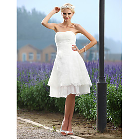 A-line Strapless Knee-length Elastic Woven Satin Wedding Dress