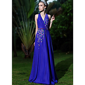 A-line/ Princess V-neck Floor-length Elastic Woven Satin With Beading Evening/ Prom Dress