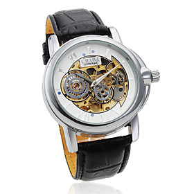 Men's Full Mechanical Movement PU Leather Wrist Watch with Hollow Engraving