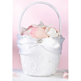 Pure White Flower Girl Basket In White Lace With Delicate Embroidery