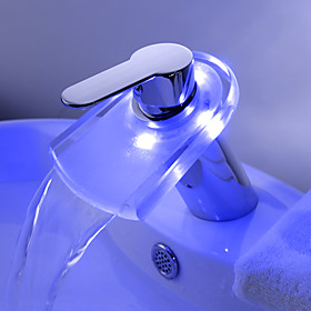 Color Changing LED Waterfall Bathroom Sink Faucet with Pop up Waste