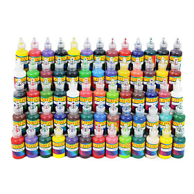 HighlightAll the basic primary colors.Completely soluble in water, indicating color up very quickly.Skin can easily absorb pigment, not fade after the repair.Color: rose pink, peach, soft orange, bright orange, tangering, hard orange, dark red, dark chocolate, mario's blue, kooland, fuschia, dark purple, mario's light blue, true magenta, light magenta, skin tone, golden yellow, bananer chean, snow white opaque, lemon yellow, sunburn, lollipop, flesh, cherry bomb, bright red, carol's pink, coco, light brown, medium brown, bamboo, teal, nahama blue, hunter green, light green, lime green, silver, true black, light purple, grape, dark green. baby blue, mustard, bahama blue, peach, bamboo, platinum, banana cream, platinum, blue sky, silver, bright orange, tangerine. dark red, hunter green, dragon green, koolaid, fuschia, lavender, light purple, lemon yellow, lime green, light green, lollipop, light magenta, mairos blue.Capacity: 65x20ml 65 Color Tattoo Ink Set 65 20ml