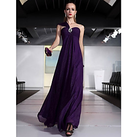 A-line/ Princess One Shoulder Floor-length Chiffon With Crystal Floral Pin Ready-to-Wear Evening/ Prom Dress