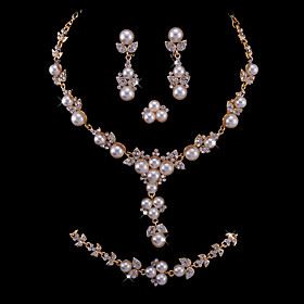Gorgeous Imitation Pearls/ Cubic Zirconia Wedding Bridal Jewelry Set Including Necklace Bracelet Ring And Earrings