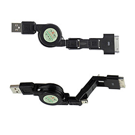 3-In-1 Rectractable USB to Apple 30pin/Micro USB/Mini USB Cable (80CM/Black)