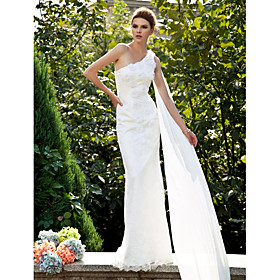 Trumpet/ Mermaid One Shoulder Sweep/ Brush Train Lace Wedding Dress