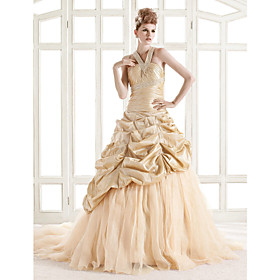 A-line V-neck Court Train Taffeta Organza Wedding Dress