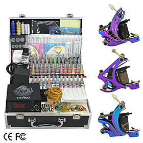 3 Cast Iron Guns Tattoo Kit with LCD Power and 55 Color Ink