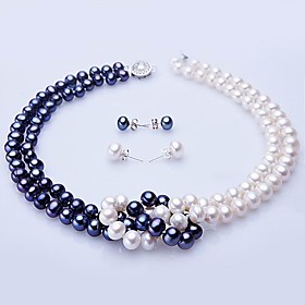 White   Blue Freshwater Pearl Necklace   Earring Set