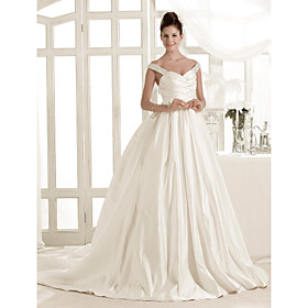 A-line Off-the-shoulder Court Train Satin Wedding Dress
