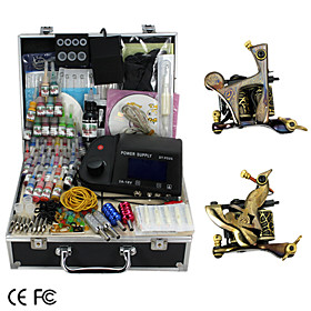 2 Handmade Damascus Tattoo Guns Kit with LCD Power Supply and 46 Color Ink   Free Ink