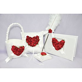 Wedding Collection: Guestbook, Pen Set, Ring Pillow, Flower Basket Themes: Garden Theme Seasons: Spring, Summer, Autumn Color: White, Red Covering Fabric: Satin Embellishment: Faux Rings, Petals Guestbook Specification: 1 page is for the bride and groom1 page is for the Bride's family1 page is for the Groom rsquo;s family1 page is for the Maid of Honour, Bridesmaids and Flower girl1 page is for the Best Man, Groomsmen and the Ring Bearer Guestbook Pages: 70 Pages Pen Holder Size: 3 1/2 quot; times;3 1/2 quot; times;3/4 quot; (9cm x 9cm x 2cm) Ring Pillow Size: 8 quot; times;8 quot; (20cm x 20cm) Flower Basket Size: 8 quot; tall(20cm tall) Net Weight (Kg): 0.50 Shipping Weight (Kg): 0.60 Tips: A must-have wedding accessory piece that adds a sweet touch to your wedding day., Perfect for weddings, bridal showers or any special event. Rose Heart Wedding Collection