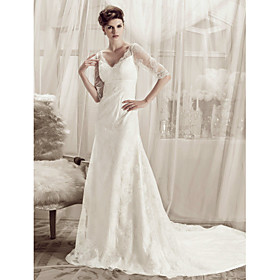 A-line V-neck Court Train Lace Over Satin Wedding Dress