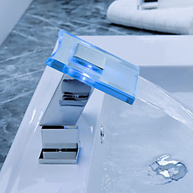 Color Changing LED Waterfall Widespread Bathroom Sink Faucet with Pop up Waste