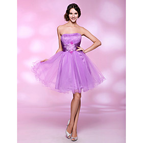 A-line Strapless Knee-length Tulle And Stretch Satin Cocktail Dress