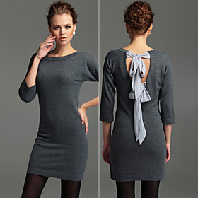 Ribbon Tie 3/4 Sleeve Cashmere Dress(2 colors)