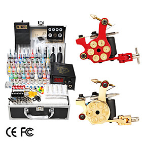 2 Cast Iron Tattoo Gun Kit with LCD Power and 40 Color Ink