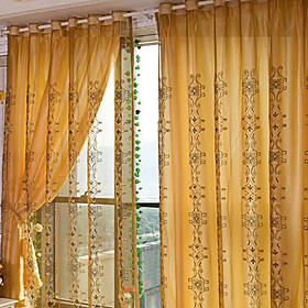 Golden Flower Print Traditional Sheer Curtain (Pair)