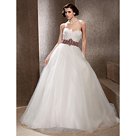 Fairy Feather Bodice Chapel Train Tulle Wedding Dress