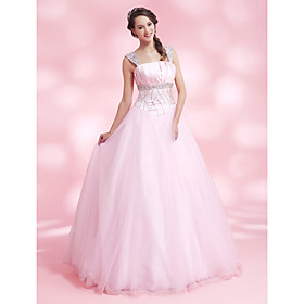 A-line Straps Floor-length Satin Tulle Evening Dress