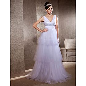 A-line V-neck Sweep/Brush Train Tulle Elastic Woven SatinWedding Dress A-line V-neck Sweep/Brush Train Tulle Elastic Woven SatinWedding Dress