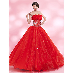 A-line Strapless Floor-length Organza Satin Evening Dress