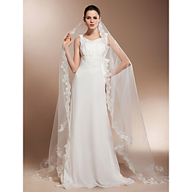 One-tier Cathedral Wedding Veils With Lace Applique Edge