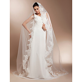 One-tier Cathedral Wedding Veils With Lace Applique Edge