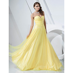 A-line Strapless Floor-length Tulle Satin Evening Dress