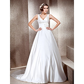 A-line V-neck Neckline Cathedral Train Satin Wedding Dress