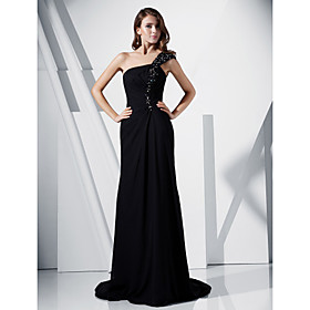 A-line One Shoulder Sweep/ Brush Train Chiffon Evening Dress