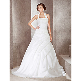 A-line Halter Court Train Wedding Dress With Beaded Appliques