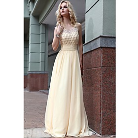 A-line/ Princess Scoop Floor-length Chiffon With Flower(s) Evening Dress