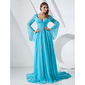 Sheath/ Column V-neck Court Train Chiffon Evening Dress