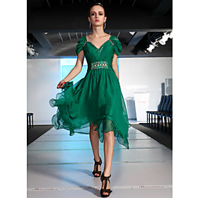A-line V-neck Asymmetrical With Beading Ready-to-Wear Evening/ Prom Dress