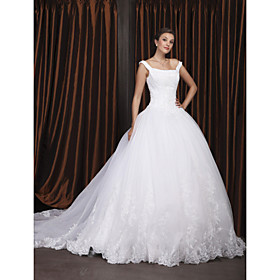 Ball Gown Off-the-shoulder Chapel Train Satin Organza Wedding Dress