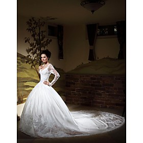Ball Gown V-neck Long Sleeves Chapel Train Satin Wedding Dress