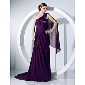 A-line One Shoulder Sweep/ Brush Train Chiffon Evening Dress
