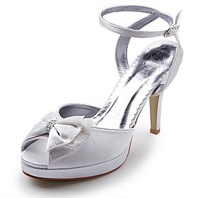 Satin Upper High Heel Strappy Sandals With Rhinestone/ Bowknot Wedding Bridal Shoes