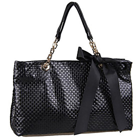 Black Grid Leather Bow Tote Bag