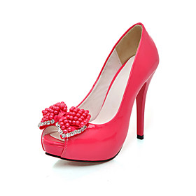 Patent Leather High Heel Peep Toe Pumps With Rhinestone And Bead Bow (More Colors)