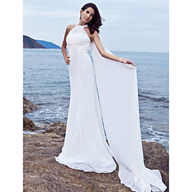 Sheath/ Column Halter Watteau Train Chiffon Satin Wedding Dress