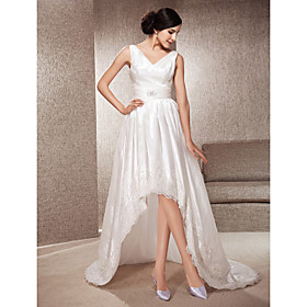 A-line V-neck Asymmetrical Court Train Taffeta And Lace Wedding Dress