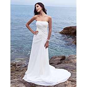 Sheath/ Column Side-Draped Fit and Flare Wedding Dresses with Beaded Applique