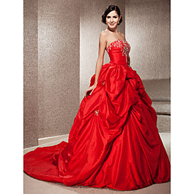 Ball Gown Strapless Sleeveless Taffeta Satin Chapel Train Red Wedding Dress