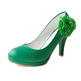 Leatherette High Heel Round Toe Pumps With Flower At Ankle (More Colors)