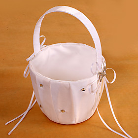 Flower Girl Basket In White Satin With Rhinestones